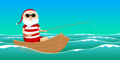 Santa fishing on boat in ocean. Vector illustration.