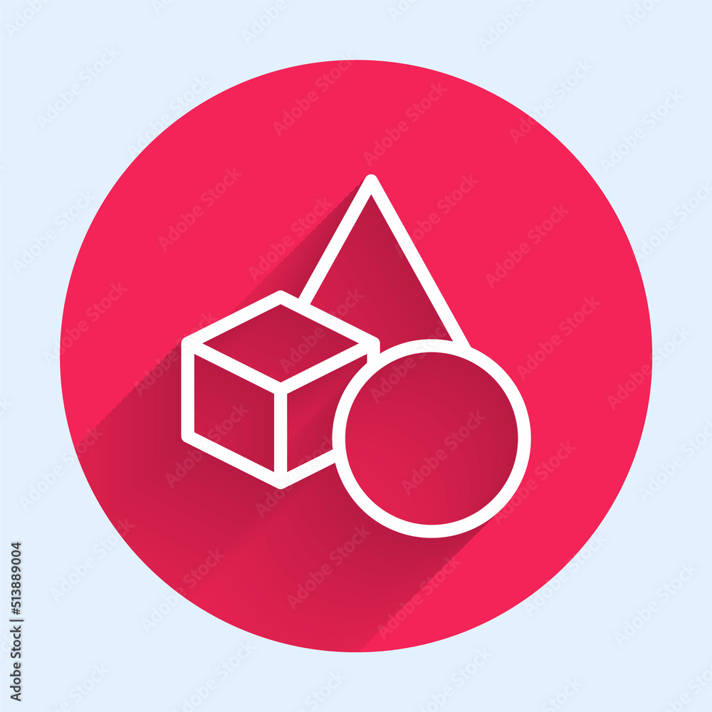 Poster white line basic geometric shapes icon isolated with long shadow. red circle button. vector