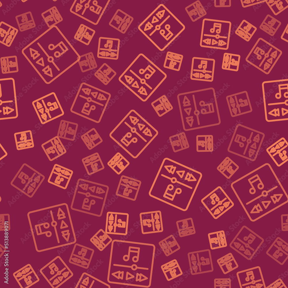 Poster brown line music player icon isolated seamless pattern on red background. portable music device. vec