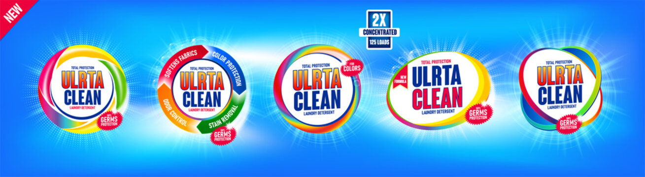 Colorful set laundry detergent templates. Mockups for Cleaning service, package design, Washing Powder and Liquid Detergents ready for branding and ads design. Сaring for colored items