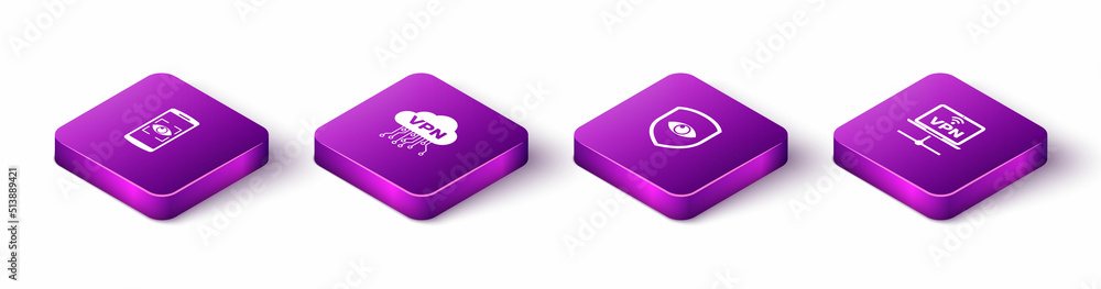 Poster set isometric mobile and eye scan, cloud vpn interface, shield and computer network icon. vector