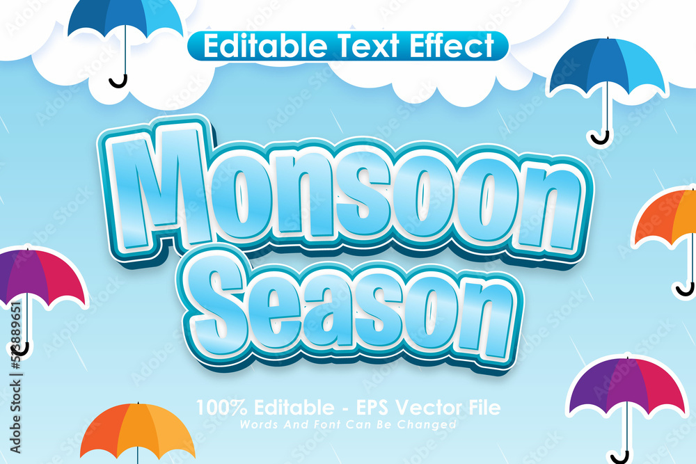 Wall mural monsoon season editable text effect 3 dimension emboss cartoon style