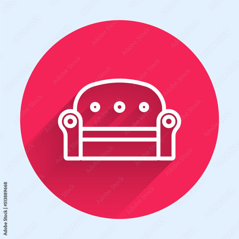 Poster white line sofa icon isolated with long shadow background. red circle button. vector