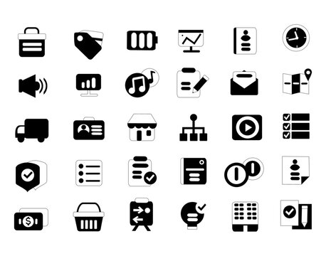 Icons: briefcase, price tag, charger,watch, loud, volume, note, house, button, face card, map, pencil, basket, list, envelope, documents, music, truck, diagram, chart, analysis, screen, completed work