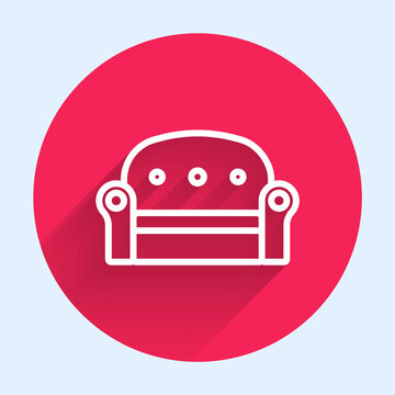 White Line Sofa Icon Isolated With Long Shadow Background. Red Circle Button. Vector