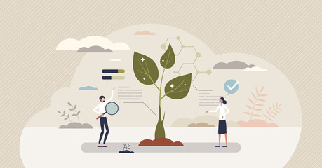 Smart agricultural data and measurement collection tiny person concept. Futuristic farming with growth analysis and advanced technology for effective harvest vector illustration. Cultivation reports.