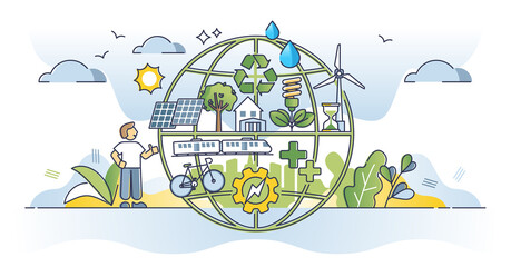 Sustainable communities and green environment awareness outline concept. Global energy consumption efficiency with nature friendly resources usage vector illustration. Urban and modern living scene.