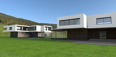 Green grass, blu sky and good humor. Suburban view of modern houses.. 3d render. 