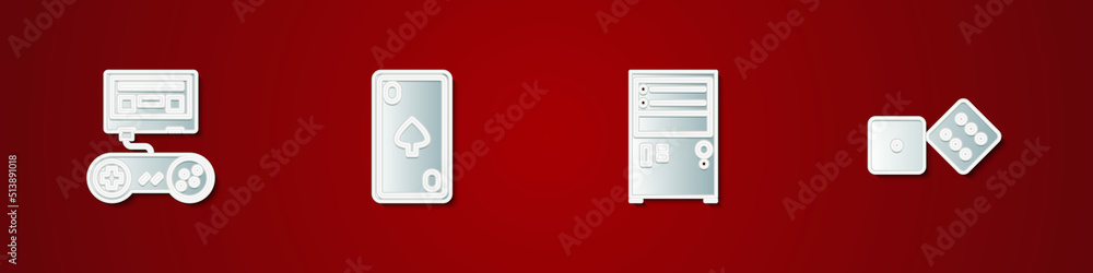 Poster set game console with joystick, playing card diamonds, computer and dice icon. vector