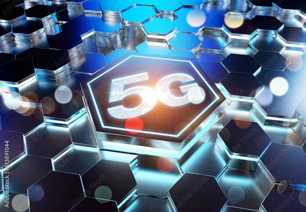 Poster 5g icon concept engraved on metal hexagonal pedestral background. wireless technology logo glowing o