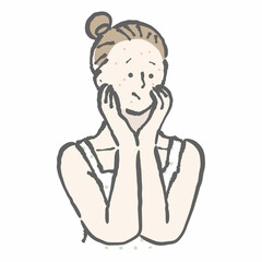 女性　肌荒れ　ニキビ　悩む　イラスト