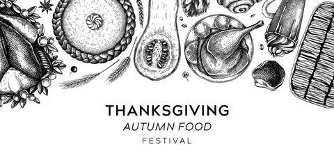 Thanksgiving dinner menu design. Fall food and drinks banner. Sketched roasted turkey, cooked vegetables, baked goods, desserts sketches. Vintage autumn food template. Thanksgiving table background