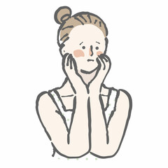 女性　肌荒れ　赤み　悩む　イラスト