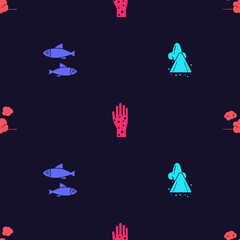 Set Runny nose, Fish, Hand with psoriasis or eczema and Dust on seamless pattern. Vector