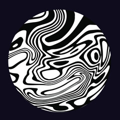 Black and white circle with glitched and distorted texture. Abstract trippy illustration for poster or logotype.