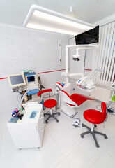 Concept of dentistry hosptal room. Dental white sterile room with instruments.