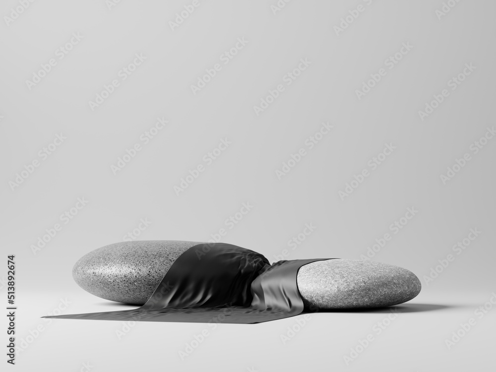 Wall mural 3d stone display podiums with black fabric isolated on white background. 3d rendering of realistic p