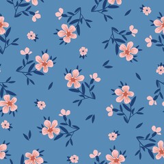 Simple vintage pattern. Cute pink flowers, dark blue leaves. Blue background. Fashionable print for textiles and wallpaper.