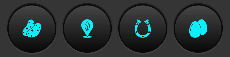 Set Potato, Location corn, Horseshoe and Chicken egg icon. Vector