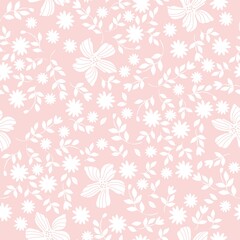 Simple vintage pattern. White flowers and leaves on a light pink background. Fashionable print for textiles and wallpaper.