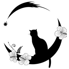 Vector illustration with moom, cat, flowers of hibiscus and comet in black and white colors.  Cat and mice sitting on the moon.