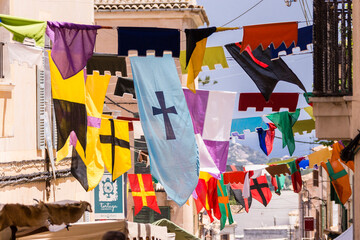 banners on the street, Capdepera Medieval Fair, Mercat Medieval, Capdepera, Mallorca, balearic...