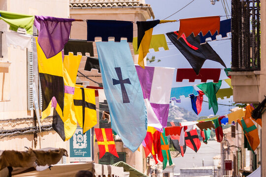 banners on the street, Capdepera Medieval Fair, Mercat Medieval, Capdepera, Mallorca, balearic islands, spain, europe