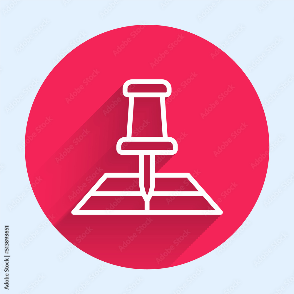 Poster white line folded map with location marker icon isolated with long shadow background. red circle but