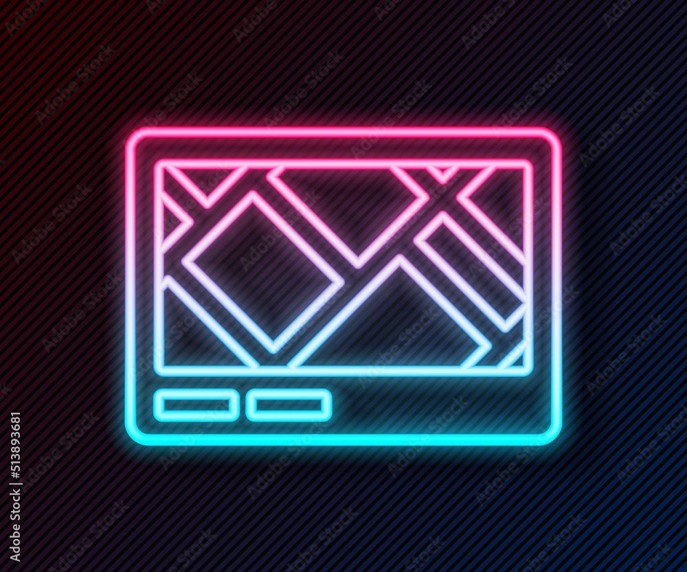 Poster glowing neon line gps device with map icon isolated on black background. vector