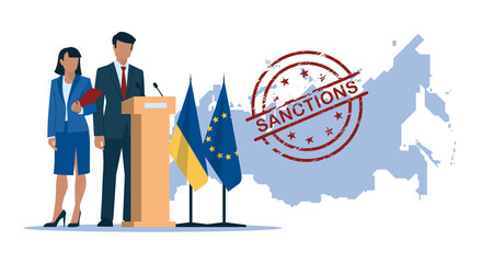 Sanctions. Politics. Business people. Man and woman in business suits, politicians, businessmen, presenters. Russia map with Sanctions stamp. Flag of Ukraine and the European Union. Vector image.