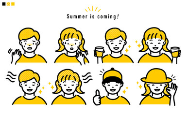熱中症対策 女の子と男の子の上半身 イラスト_黄色