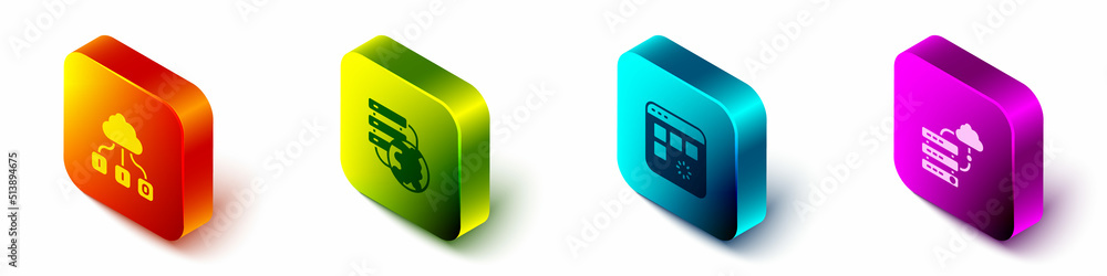 Aufkleber set isometric cloud technology data transfer, network cloud connection, loading window and icon. vec