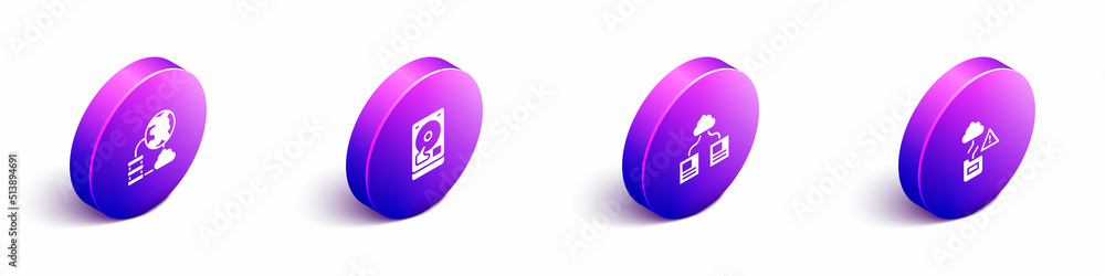 Poster set isometric network cloud connection, hard disk drive hdd, cloud technology data transfer and icon