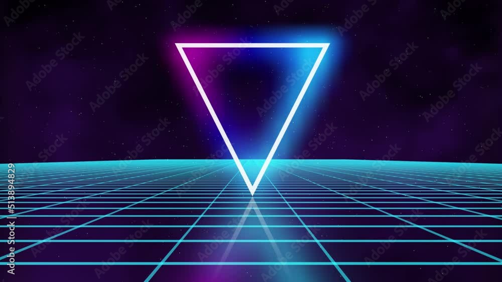 Poster triangle synthwave retro futuristic seamless animation game grid. neon digital triangle synthwave wi