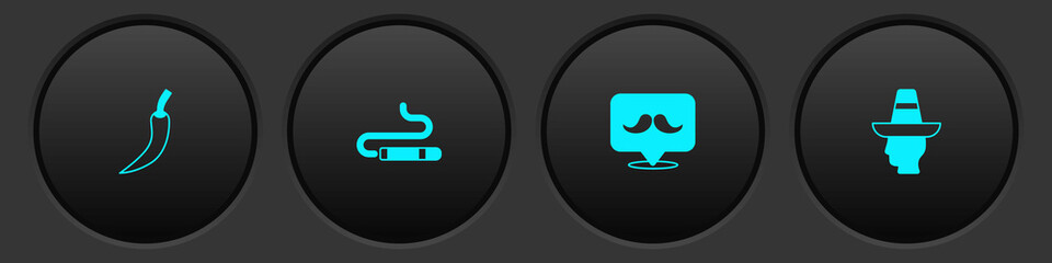 Set Hot chili pepper pod, Cigar, Mustache and Mexican man sombrero icon. Vector