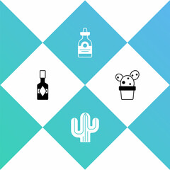 Obraz na płótnie Canvas Set Tabasco sauce, Cactus, Tequila bottle and or succulent in pot icon. Vector