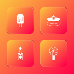 Set Ice cream, Cake with burning candles, Champagne bottle and Lollipop icon. Vector