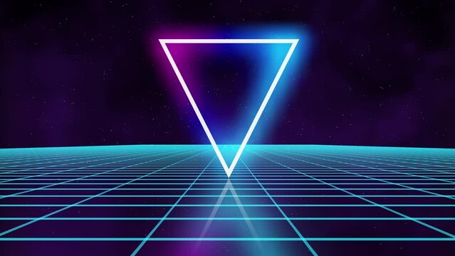 Triangle synthwave Retro futuristic seamless animation game grid. Neon digital triangle synthwave wireframe landscape. Space 4k animation.