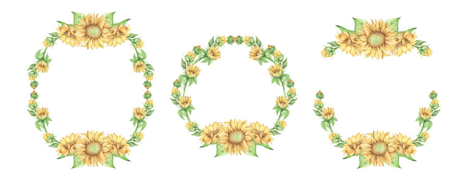 Set of sunflower frame, Flower wreath. Watercolor illustration. Elements isolated on white background.
