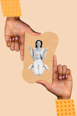 Vertical collage image of two huge arms show cadre gesture small girl jump demonstrate v-sign black...