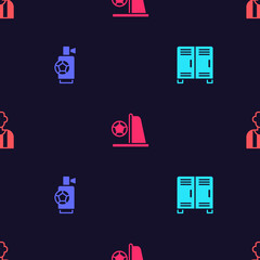 Set Locker or changing room, Air horn, Football goal with ball and soccer referee on seamless pattern. Vector