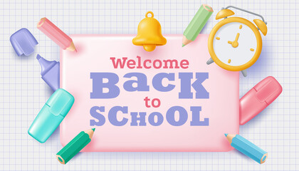 Back to school banner with pencils, and markers. Vector illustration in 3D style