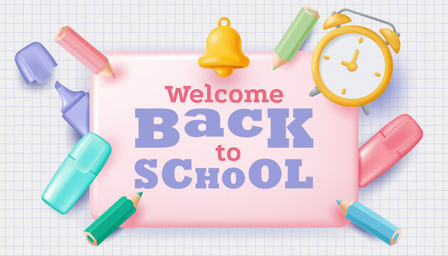 Back to school banner with pencils, and markers. Vector illustration in 3D style