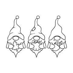 Set of autumn outline gnomes. Cartoon elf illustration.
