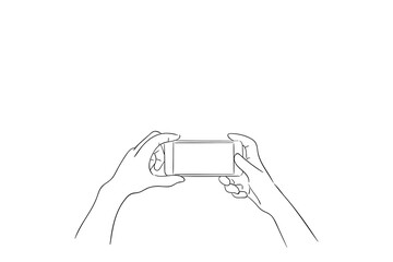 Person taking photo with both hand. Smart phone, Hand drawn illustration, Vector sketch