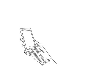 Sketch of hand holding smart phone and touch the screen with thumb. Hand drawn design illustration