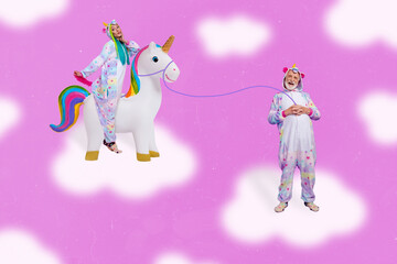 Creative collage image of two aged people wear pajama sit ride unicorn isolated on pink cloud background