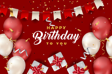 luxury happy birthday greeting template with balloon, birthday flag and glitter	