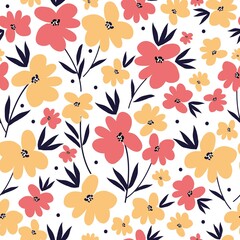 Simple vintage pattern. Cute yellow and pink flowers, dark blue leaves. White background. Fashionable print for textiles and wallpaper.