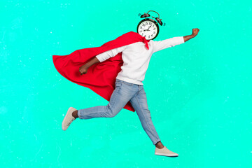 Composite collage portrait of flying guy clock instead head raise hand hurry rescue isolated on turquoise background